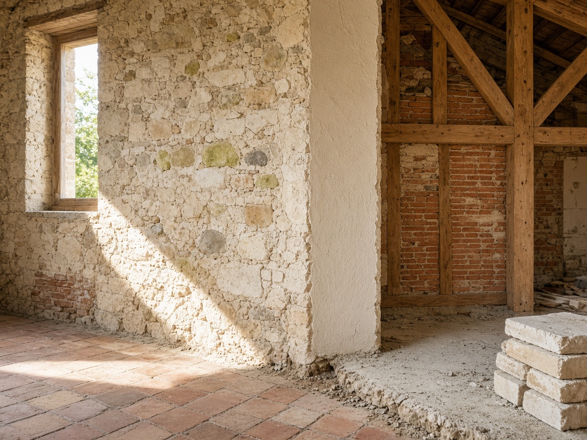 Mur en briques et structure bois en cours de construction