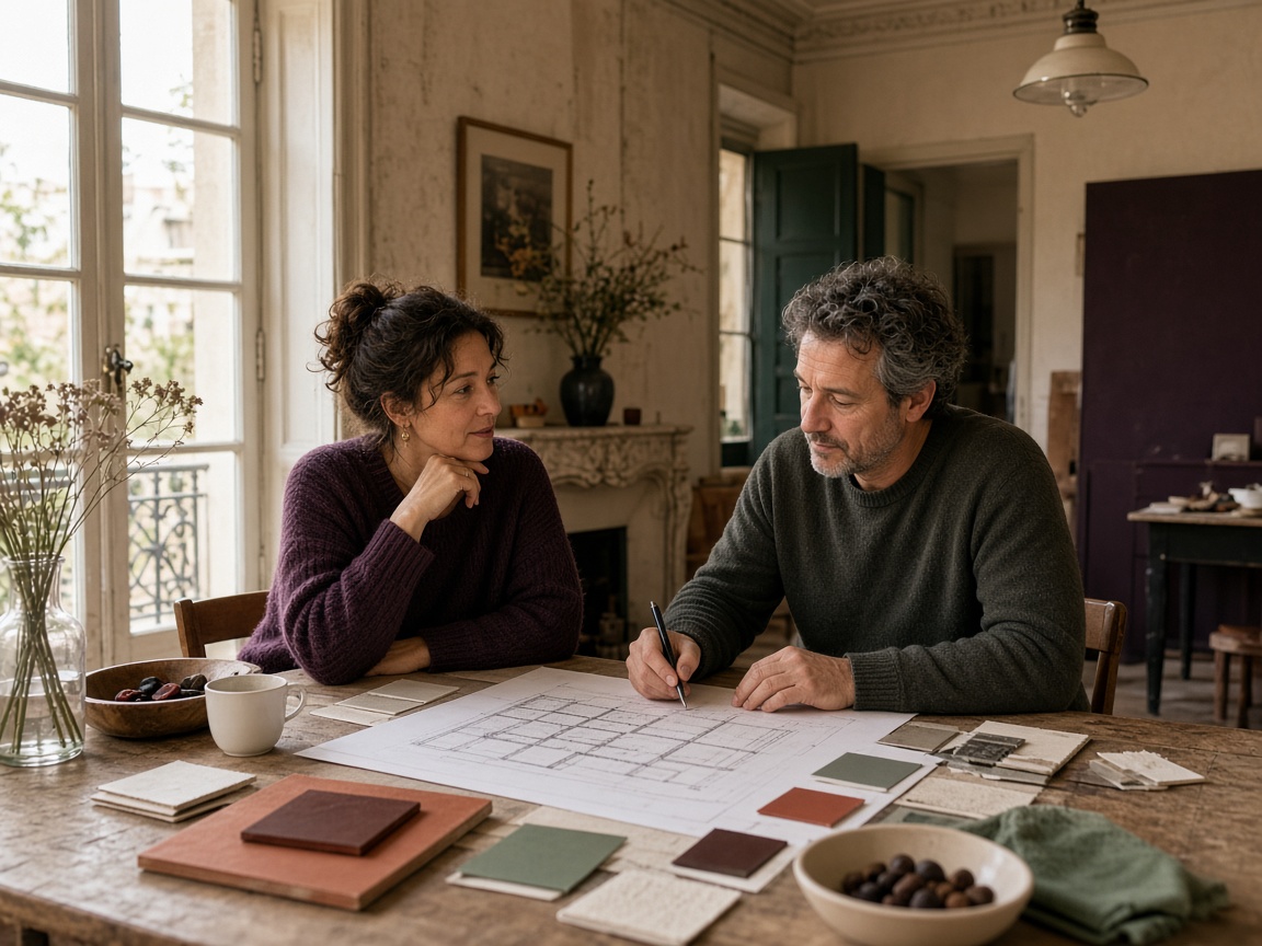 Couple étudiant son projet de rénovation dans une maison française lumineuse