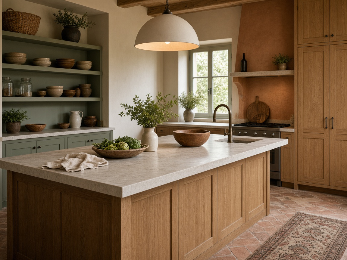 Cuisine chaleureuse en bois, pierre claire et terre cuite